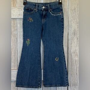Old Navy Blue Embroidered Flare Jeans girls sz 6 high rise baggy flare